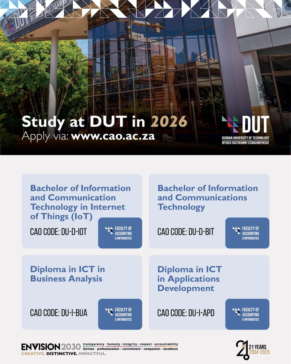 TheStar_news's tweet photo. 🎓 Study at the @DUT_Tweets in 2026!
Applications are now open via the CAO for our exciting range of programmes.
💻 Apply now: https://t.co/JHnGJnhC61
#Sponsored #DUT #IAMDUT #CreateTheFutureYouWant #DUTExcellence #ENVISION2030 https://t.co/kh7MFdXaoL