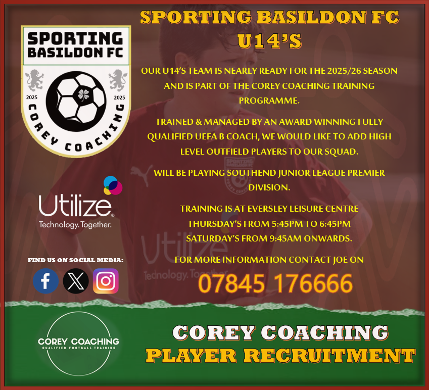 🌟 U14's PLAYER RECRUITMENT🌟

Our U14's are looking to add to the squad ahead of the 2025/26 season. Suitable for players going into Year 9 or players able to play up a year going into Year 8.

They will be competing in the SJL Premier Division.

07845 176666

⚽️🟥🟩

#SBFC