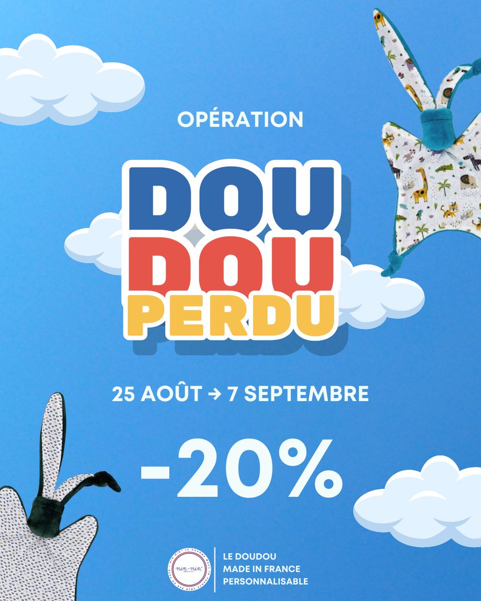 😱 Oh non… on a perdu notre Nin-Nin préféré !
Mais bonne nouvelle : ça vous profite ✨

👉 Opération DOUDOU PERDU :
🧸 -20% sur TOUT le site avec le code DOUDOUPERDU
📅 Du 25 août au 7 septembre inclus

C’est peut-être le moment de retrouver (ou d’adopter) un nouveau doudou 😉