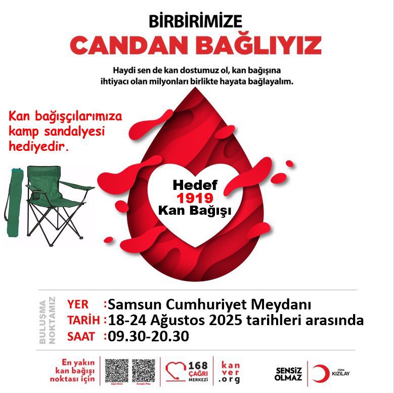 Birbirimize Candan Bağlıyız Samsun!

Hedef 1919 Kan Bağışı kampanyasında sizleri kan bağışlayıp 3 hastaya umut olmaya, doğaya da 3 fidan armağan etmeye davet ediyoruz.

📍Cumhuriyet Meydanı
🗓️  18 – 24 Ağustos
⏰ 09:30 – 20:30

<a href="/SleymanDEMRTA2/">Süleyman DEMİRTAŞ</a> <a href="/TCSamsunValilik/">T.C. Samsun Valiliği</a>