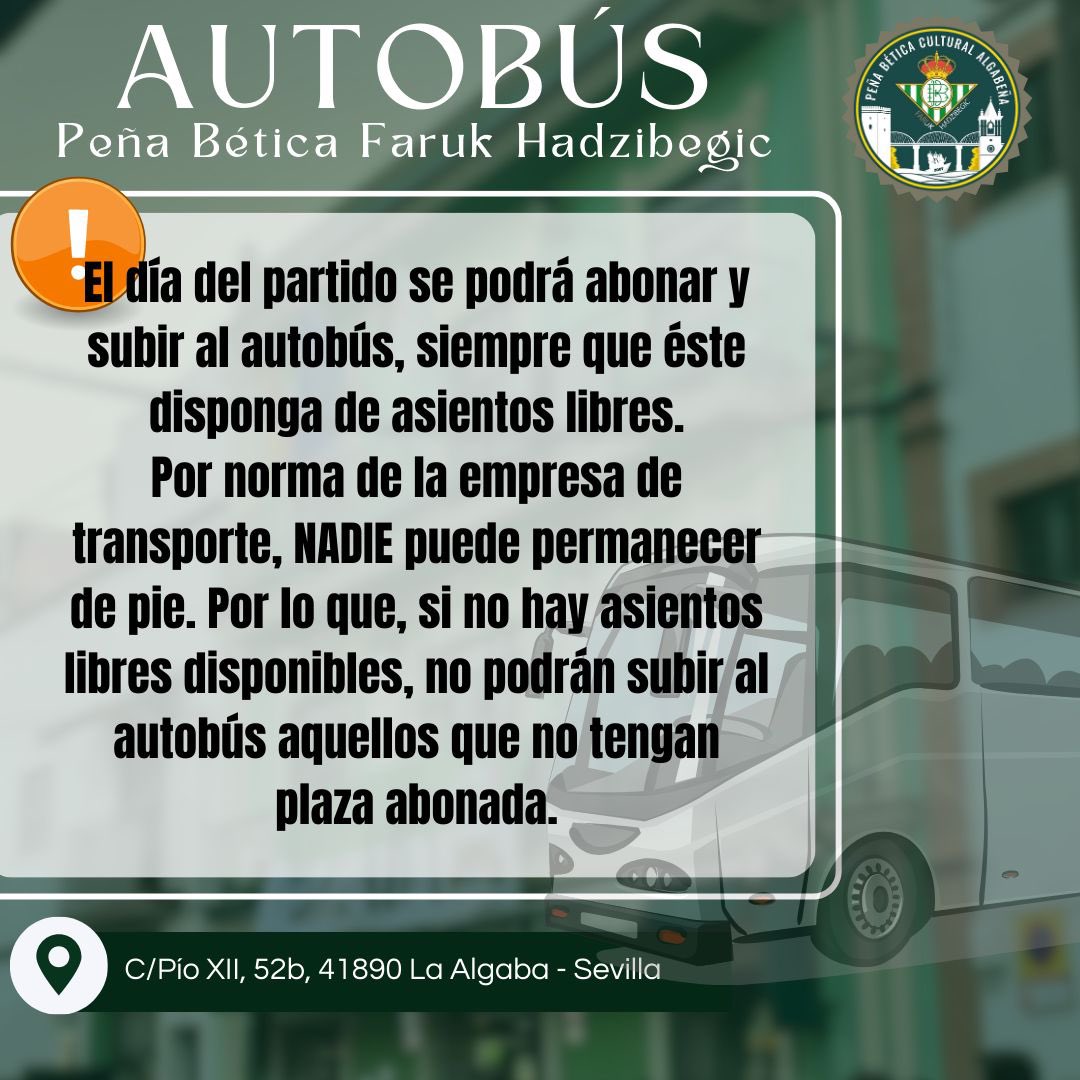 ¡Atención bétic@s! 

¡Soci@s y aficionad@s de nuestro Real Betis Balompié! 
Si estas planeando acompañar a nuestro equipo a los partidos que juega en casa… ¡VENTE CON NOSOTROS! En el Bus de la Peña 🚌

Aquí te dejamos toda la información para conseguir tu plaza.