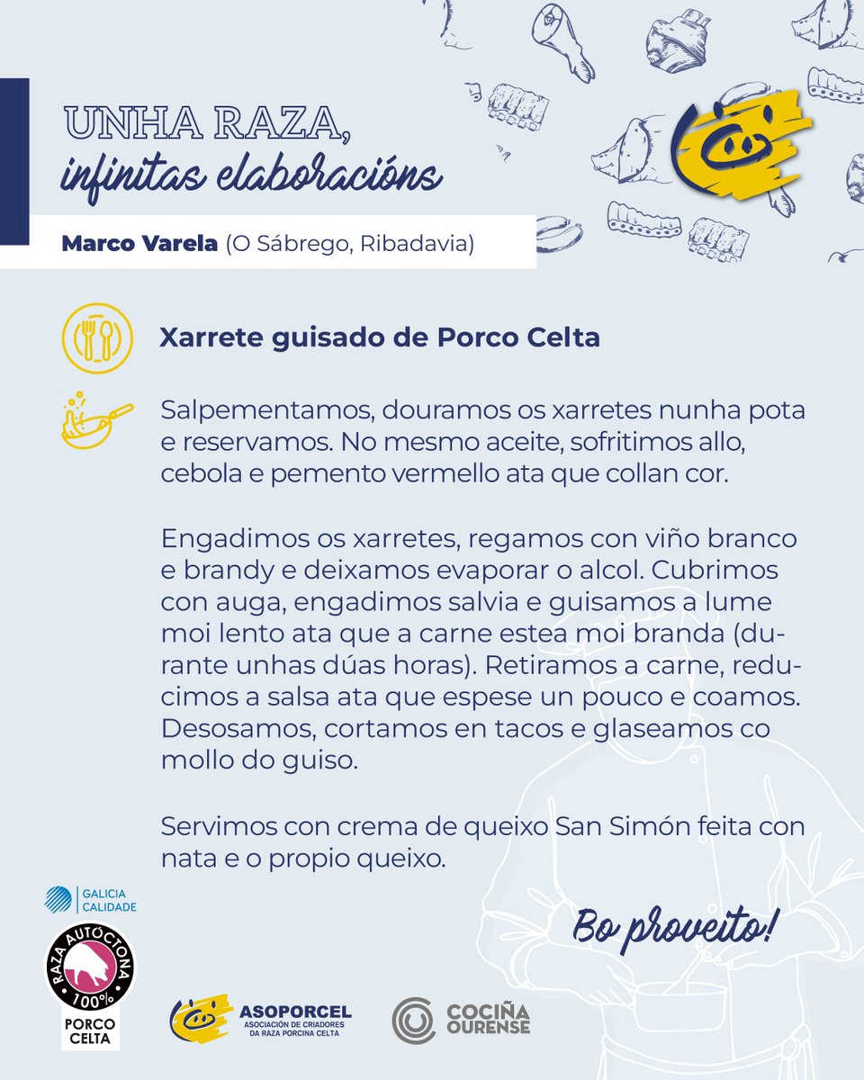 😋🐽 𝗥𝗘𝗖𝗘𝗜𝗧𝗔𝗦 𝗖𝗢𝗡 𝗣𝗢𝗥𝗖𝗢 𝗖𝗘𝗟𝗧𝗔 😋🐽

🥩 Xarrete guisado de Porco Celta
👨‍🍳 Marco Varela (Sábrego Restaurante , Ribadavia)

✅ Por se alguén non se dera conta: unha raza, infinitas elaboracións!

#PorcoCelta #InfinitasElaboracións
