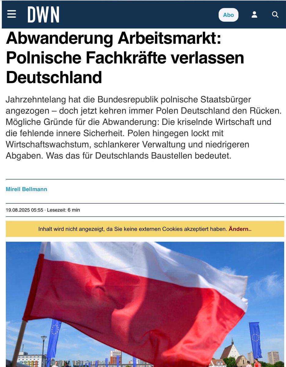 Fachkräfte kommen nicht!! Fachkräfte verlassen das Land!
Weil in Polen die Löhne fast auf unser Niveau gestiegen sind und dort deutlich weniger Steuern verlangt werden gehen Polnische Fachkräfte zurück nach Polen. 

deutsche-wirtschafts-nachrichten.de/716523/abwande…