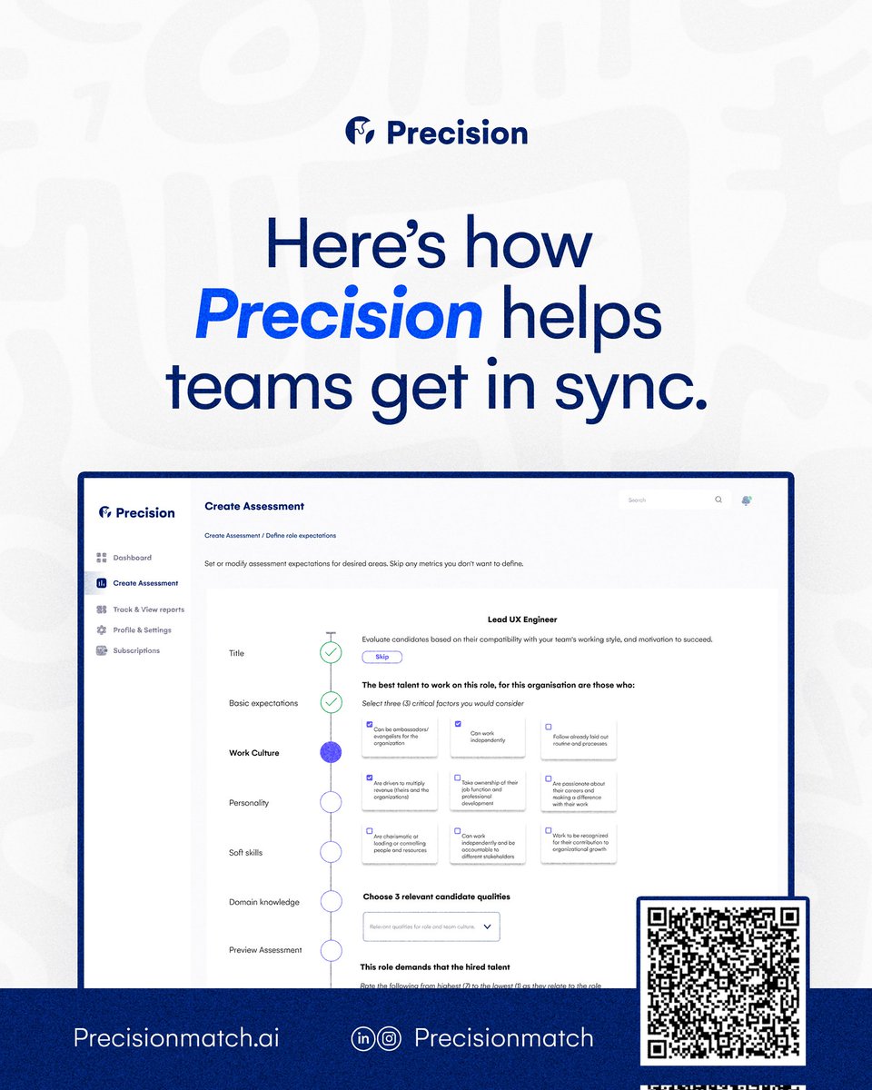 precisionmatch's tweet photo. Create the right assessment to get the right fit.

Precision helps HR teams and hiring managers stay in sync with  the best candidate and every decision is backed by clarity, alignment,and confidence.
Smarter hiring. Stronger teams. 🚀
#HiringExcellence #FutureOfWork #Precision https://t.co/EcFYkBlwIx