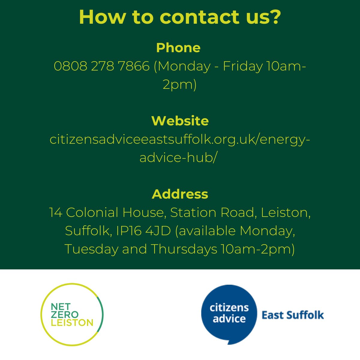 Net Zero Leiston (@netzero_leiston) on Twitter photo Our partnership with <a href="/CAEastSuffolk/">Citizens Advice East Suffolk</a> could provide you the support you need!
If you would like advice on tackling your energy and heat loss challenges, scan the QR code now or visit the office to speak to a dedicated advisor!
#EnergyEfficiency #EnergyAdvice #CommunityBenefits Our partnership with <a href="/CAEastSuffolk/">Citizens Advice East Suffolk</a> could provide you the support you need!
If you would like advice on tackling your energy and heat loss challenges, scan the QR code now or visit the office to speak to a dedicated advisor!
#EnergyEfficiency #EnergyAdvice #CommunityBenefits