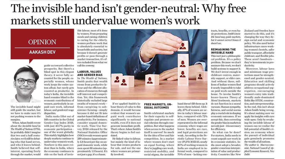 NCAER (@ncaer) on Twitter photo Why do free markets continue to undervalue women’s work, and what can be done to change this?
NCAER faculty member <a href="/aakash_dev94/">Aakash Dev (Ph.D.)</a> argues that market forces alone can’t correct gendered labour biases and calls for policies that genuinely recognize and reward women’s contributions, Why do free markets continue to undervalue women’s work, and what can be done to change this?
NCAER faculty member <a href="/aakash_dev94/">Aakash Dev (Ph.D.)</a> argues that market forces alone can’t correct gendered labour biases and calls for policies that genuinely recognize and reward women’s contributions,