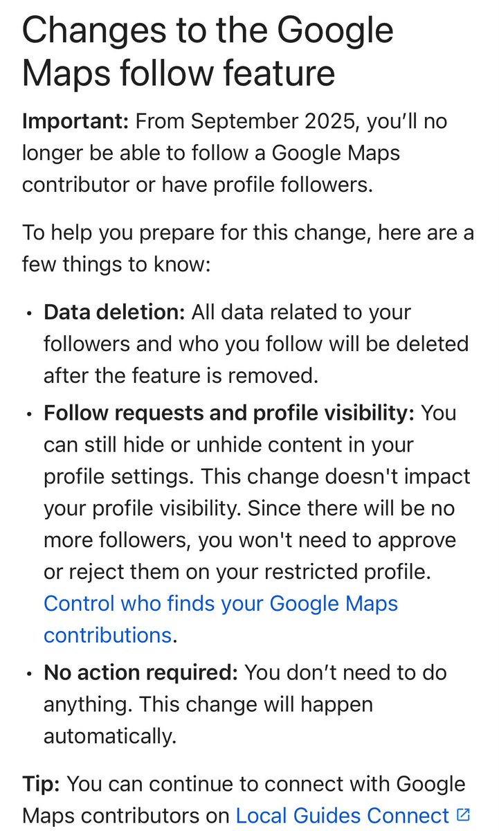 Google Maps contributor profile follow feature will no longer be available from September 2025.