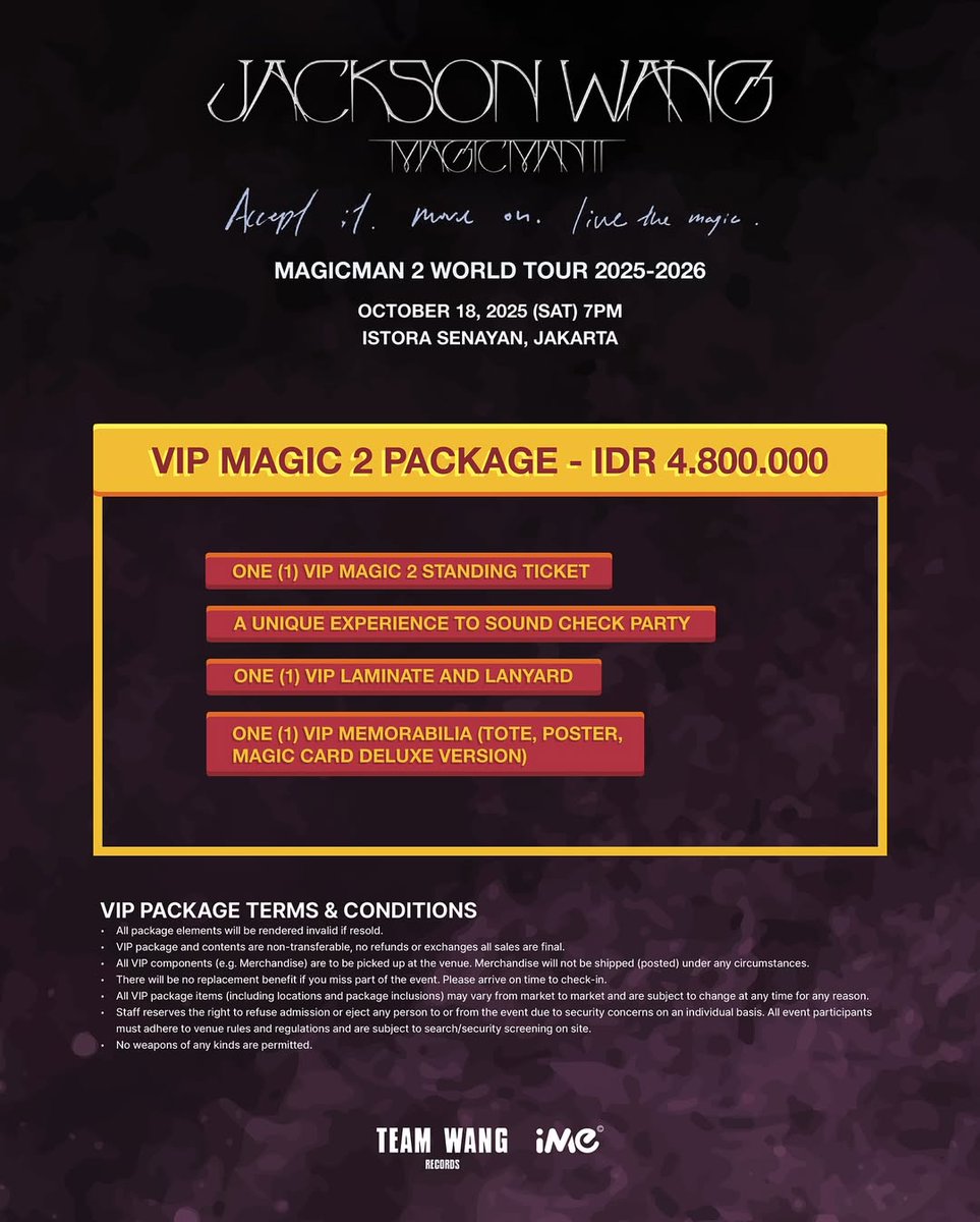 Jackson Wang MAGICMAN 2 World Tour in Jakarta

Catat tanggalnya:
🗓Sabtu, 18 Oktober 2025
🕙07.00 PM
📍Istora Senayan

🎟 Tiket tersedia di tiket.com
🗓 Kamis, 4 September 2025
🕙 12.00 PM

#Bestiengonser
#MAGICMAN2WORLDTOUR
#JACKSONWANGWORLDTOUR
#jacksonwang
#잭슨