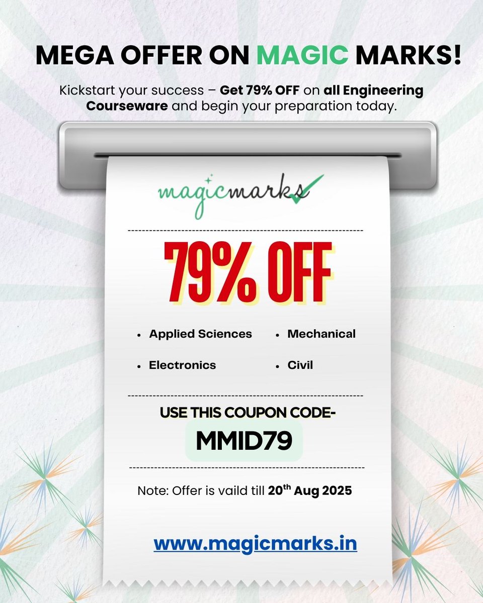 magicmrks's tweet image. ⏳ Offer Expiring Soon!
Get 79% OFF on all Engineering Courses 🚀

📚 Applied Science | ⚙️ Mechanical | 🏗️ Civil | 🔌 Electronics
🗓️ Valid till 20th Aug 2025
💡 Coupon Code: MMID79

🎯 Learn Smarter. Score Higher.
👉 Enroll now: magicmarks.in/courseware/

#magicmarks