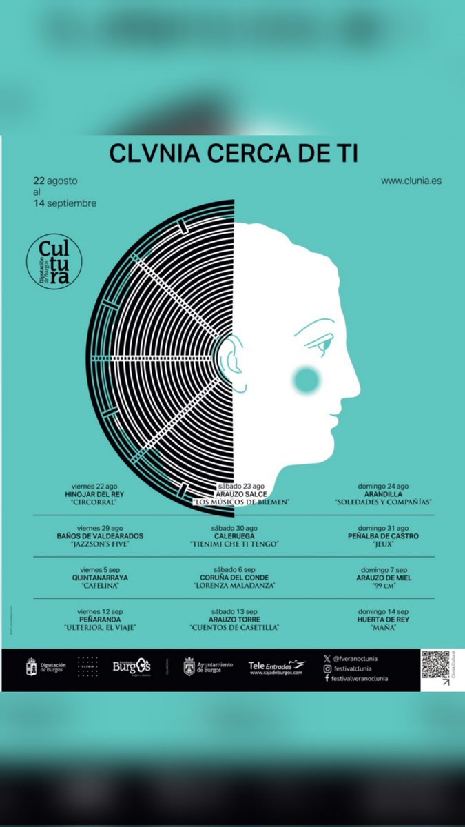 Buenas Clunienses!!

⚠️⚠️Este fin de semana comienza un año más 𝐂𝐥𝐮𝐧𝐢𝐚 𝐜𝐞𝐫𝐜𝐚 𝐝𝐞 𝐭𝐢.

🗓️🗓️Desde el 22 de agosto hasta el 14 de septiembre tendremos distintas actuaciones en los pueblos cercanos al yacimiento.

😊😊Os esperamos a todos!
#clunia #cluniasulpicia