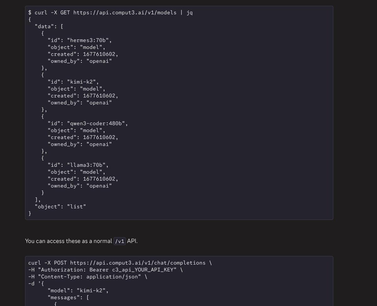 Reneil (@reneil1337) on Twitter photo Been afk on a festival for few days. Catching up with things and <a href="/comput3ai/">Comput3 AI π</a> has kimi k2 (1 trillion params) and qwen3 coder 480b live on their API the implications of this are insane π Been afk on a festival for few days. Catching up with things and <a href="/comput3ai/">Comput3 AI π</a> has kimi k2 (1 trillion params) and qwen3 coder 480b live on their API the implications of this are insane π