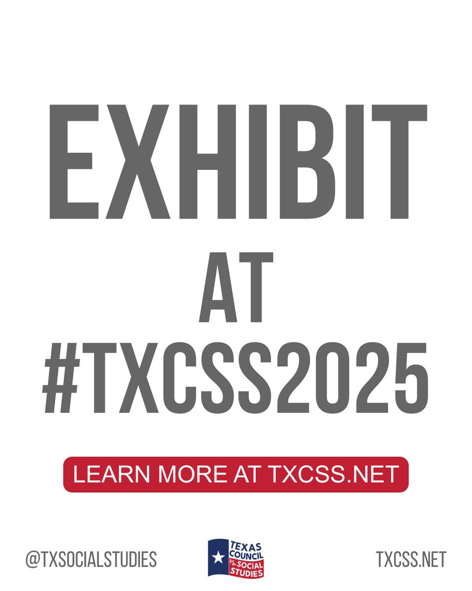 TxSocialStudies's tweet image. 📢 VENDORS WANTED!
The #TXCSS Annual Conference is coming — & our Exhibit Hall still has space for YOU!
👕 T-shirt creators
💍 Jewelry makers
📚 Social Studies–minded businesses
✨ Hundreds of educators. One unforgettable weekend - Learn more at txcss.net