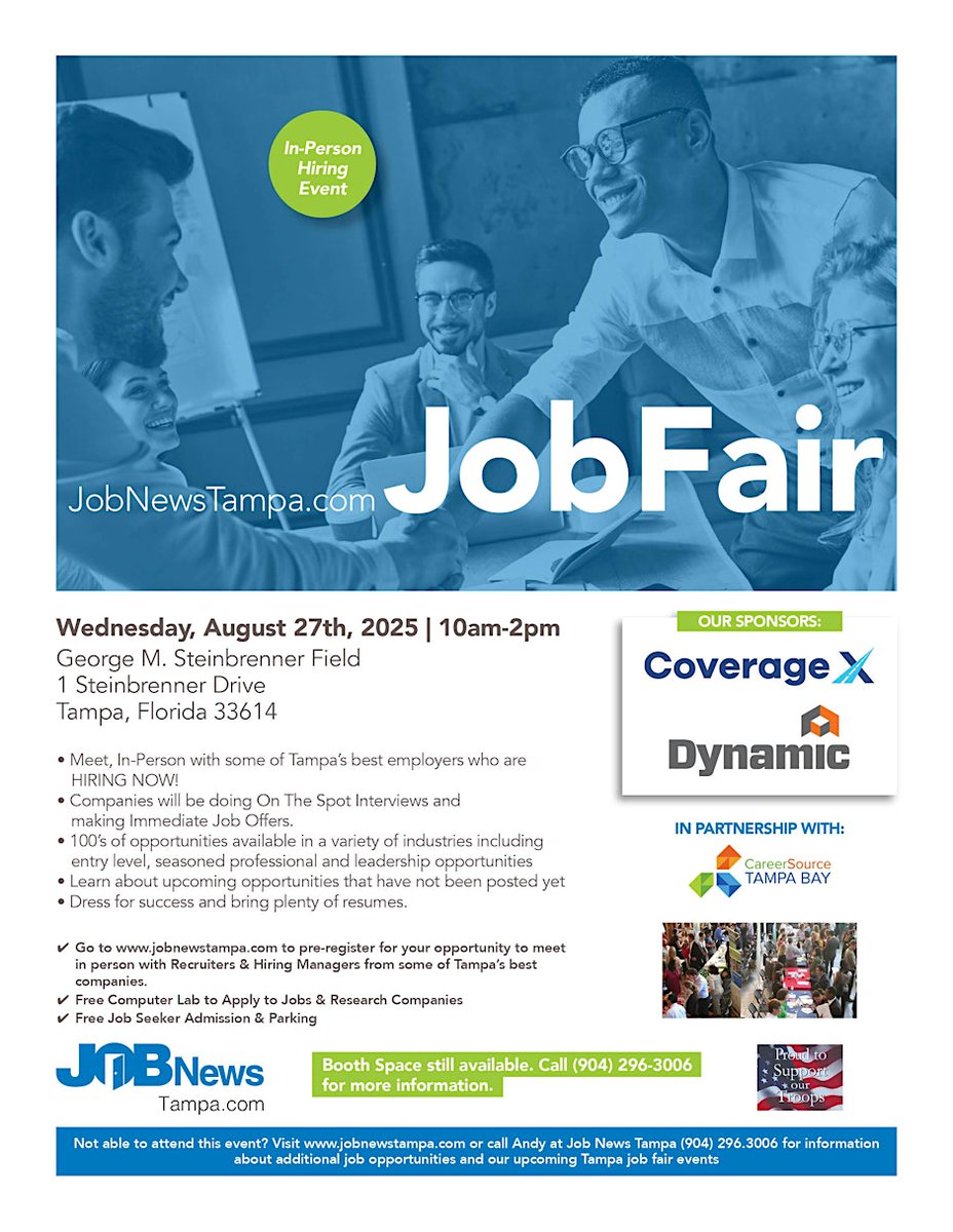 Job Fair Alert!
Meet face-to-face with some of Tampa’s top employers who are hiring now!

Wednesday, August 27th, 2025
Time: 10 AM – 2 PM
Location: George M. Steinbrenner Field
1 Steinbrenner Drive, Tampa, FL 33614

 Pre-register today: jobfairsnearme.com/job_fairs/jobn…