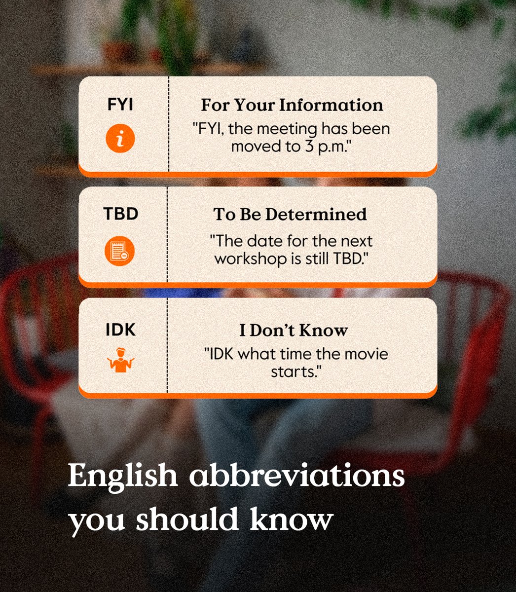 ExamsCatalunya's tweet photo. 💬 English today = more than grammar.
Abbreviations like FYI, IDK, ASAP, TBD &amp; BRB are everywhere.

Miss them, and you miss the meaning. 👀
Master them = fluency unlocked. ✅

#LearnEnglish #EnglishTips #FYI #ASAP #IDK #BRB #TMI #CambridgeEnglish https://t.co/qqURf6gjXW