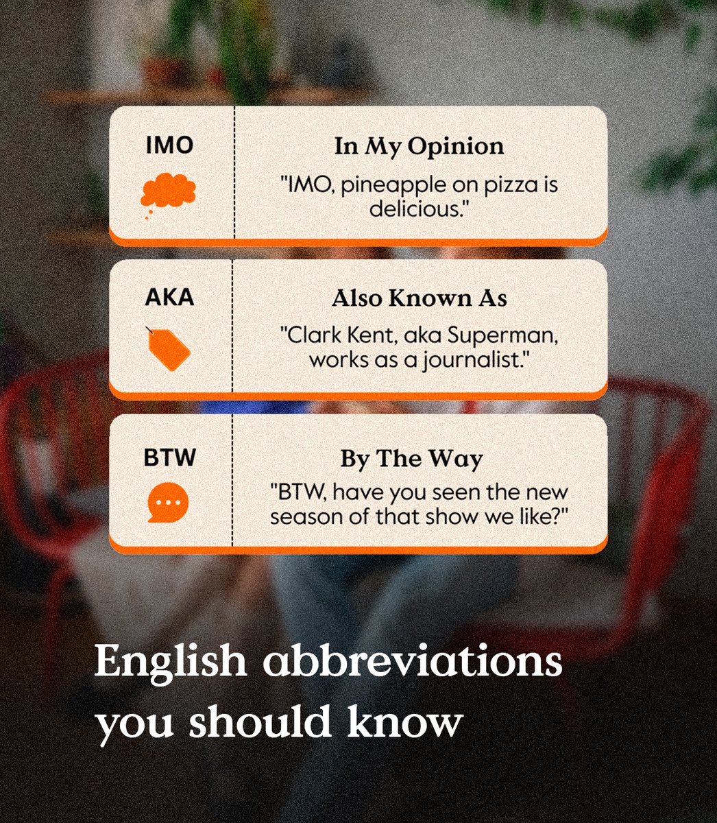 ExamsCatalunya's tweet photo. 💬 English today = more than grammar.
Abbreviations like FYI, IDK, ASAP, TBD &amp; BRB are everywhere.

Miss them, and you miss the meaning. 👀
Master them = fluency unlocked. ✅

#LearnEnglish #EnglishTips #FYI #ASAP #IDK #BRB #TMI #CambridgeEnglish https://t.co/qqURf6gjXW