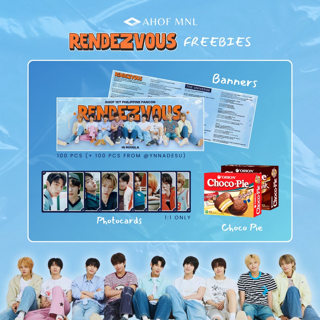 AHOF 1st Philippine Fancon
"RENDEZVOUS" in Manila

AHOF MNL will be giving away freebies for the fancon:
🎁 Banner
🎁 Choco Pie
🎁 Photocards (random 1:1)
-------------------------------------

📌 MBF, Like and RT
📌 Limited Quantities
📌 Loc and Time: TBA
📌 If you wish to