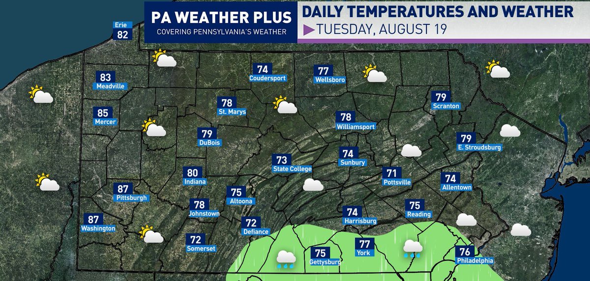 Good morning, happy Tuesday! We will see a similar day to yesterday with mostly cloudy skies across south-central and southeastern PA with a few pockets of lighter showers and drizzle. Elsewhere, expect a mix of sun and clouds and dry conditions. Western PA will be a hotter