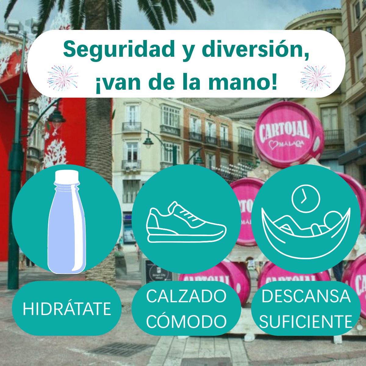 🎡 La Feria de Málaga es alegría y tradición, pero también prevención.
💧 Hidrátate
👟 Usa calzado cómodo
😴 Descansa lo suficiente

La mejor fiesta es la que se disfruta con seguridad.
¡La prevención también está de fiesta! 🎶🎉

#FeriaDeMálaga #Prevención