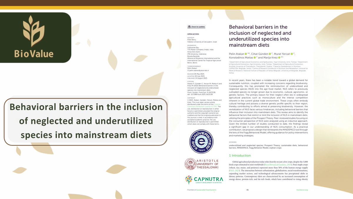 BiovalueProject's tweet image. New #BioValue publication! 🌱
We explore behavioral barriers to adopting neglected & underutilized species (NUS) in mainstream diets.
But what stops us from eating them? 🤔
🔗 biovalue-project.eu/wp-content/upl…