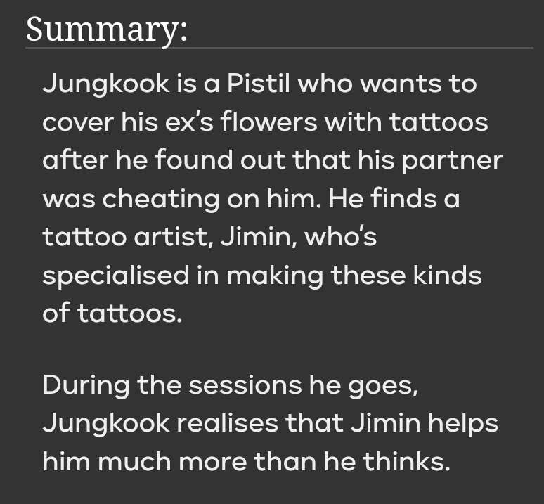 At last, I can share the piece I wrote for the incredible <a href="/goldenhavenzine/">Golden Haven: A Charity Zine Collection</a>! 
I am so grateful that I could participate in this project 🥺💜

You make me bloom again

💮 jikook
💮 teen&amp;up
💮 oneshot
💮 3,6 k
💮 pistilverse: Pistil Jungkook, Stamen Jimin
 archiveofourown.org/works/69476781