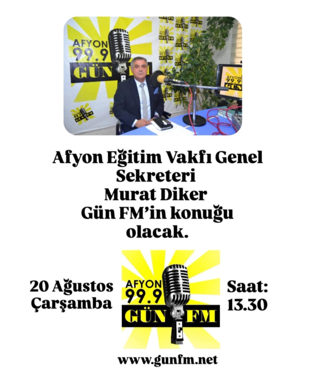 Afyon Gün FM (@afyongunfm) on Twitter photo Afyon Eğitim Vakfı Genel Sekreteri Murat Diker, Gün FM'in konuğu olacak.
Programı 20 Ağustos Çarşamba günü saat 13.30'da dinleyebilirsiniz.
Radyonuz açık olsun. <a href="/fatosakar3/">fatos_akar</a> Afyon Eğitim Vakfı Genel Sekreteri Murat Diker, Gün FM'in konuğu olacak.
Programı 20 Ağustos Çarşamba günü saat 13.30'da dinleyebilirsiniz.
Radyonuz açık olsun. <a href="/fatosakar3/">fatos_akar</a>
