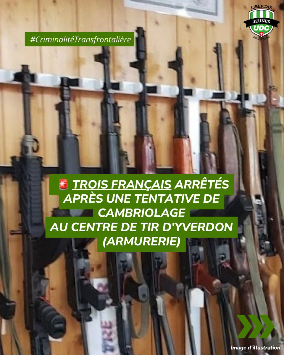 Jeunes_UDC_Vaud's tweet photo. Nuit du 17 août à Yverdon : 3 Français tentent de cambrioler une armurerie.
Pas un cas isolé : bandes venues de l’étranger visent nos communes.

Il nous faut la fermeture des frontières, + de gendarmes et des sanctions exemplaires.
Les Vaudois ne sont pas une cible ! https://t.co/kCrPpS2OO6