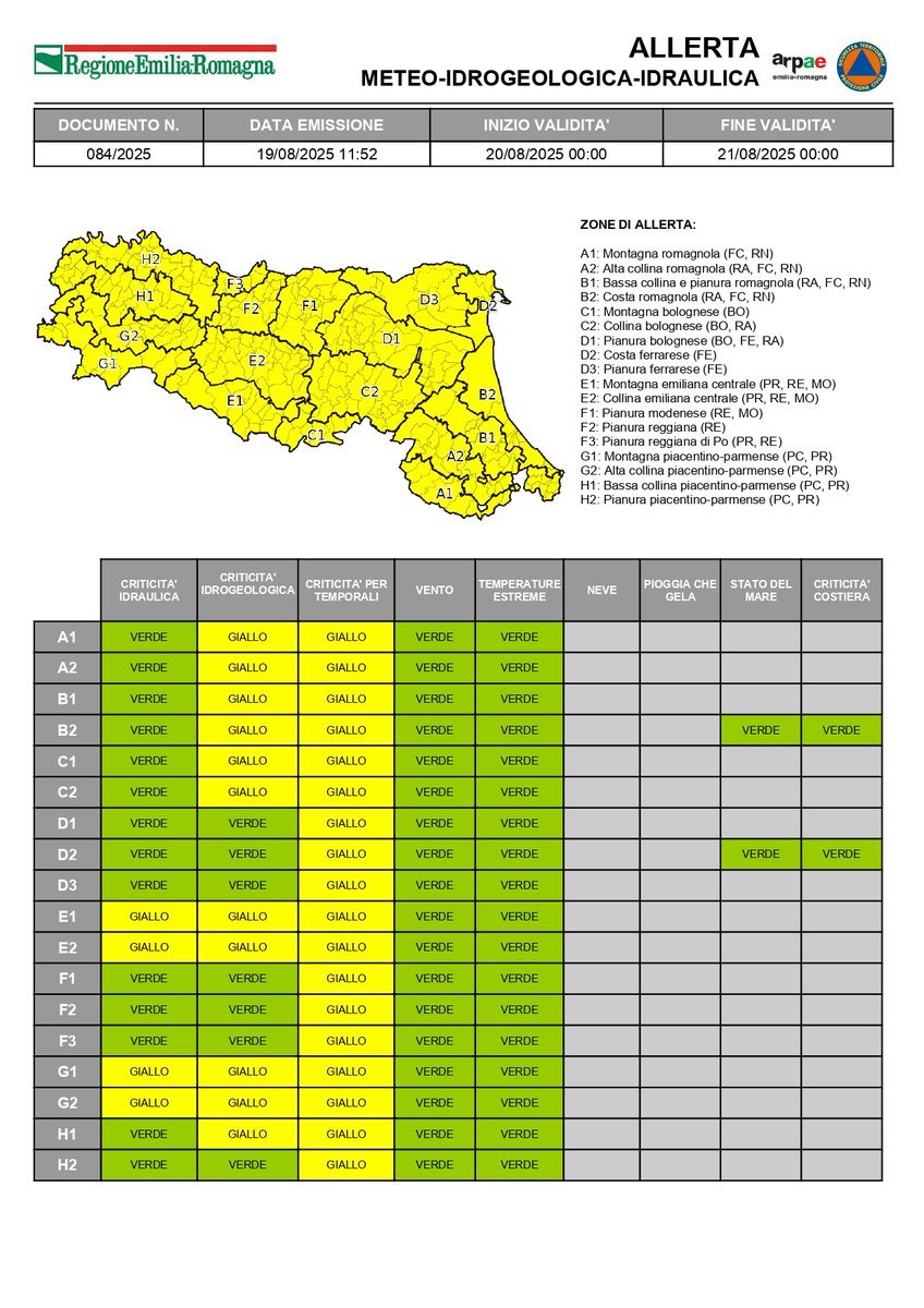 #AllertaMeteoER
Dalle 00:00 del 20/08/2025 alle 00:00 del 21/08/2025  
GIALLA per criticità #idraulica, #idrogeologica e #temporali.
➡️bit.ly/4oGHc8v

#20agosto #allertaGIALLA