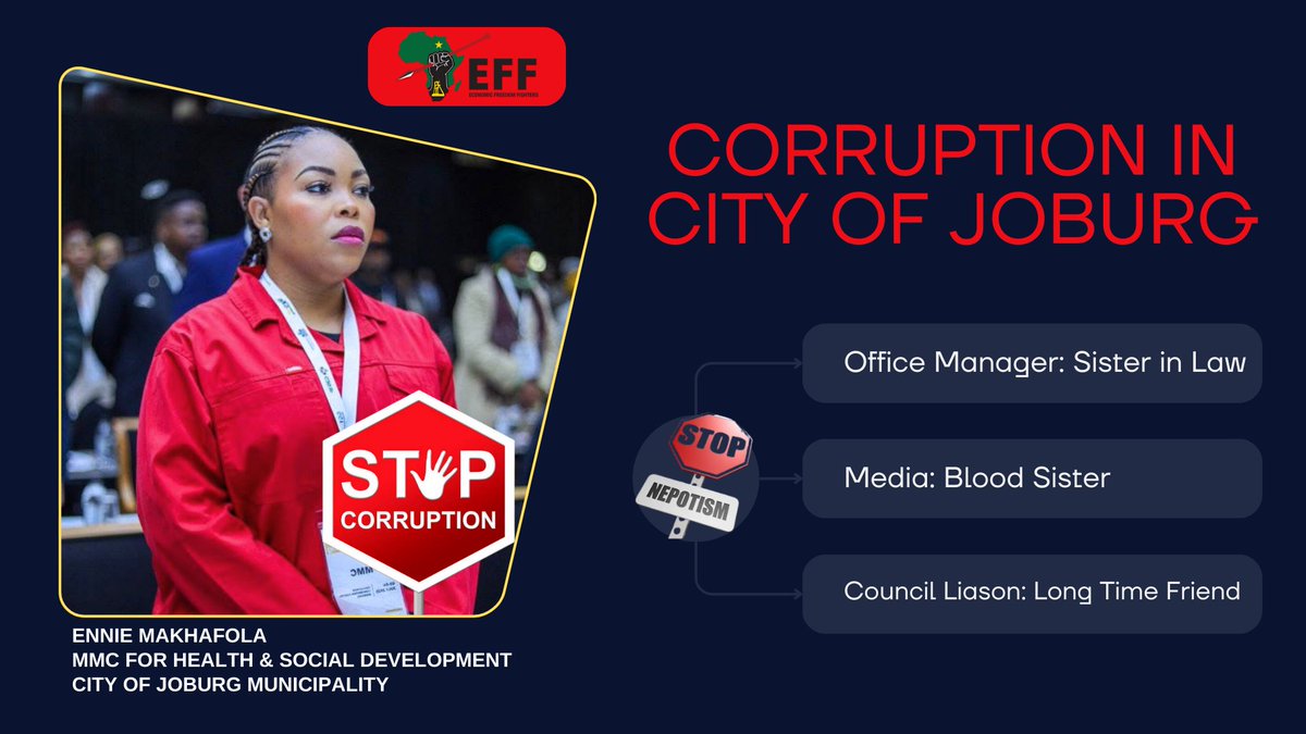 WhistleBlow24_7's tweet image. @Julius_S_Malema corruption &amp;amp; nepotism can’t be ignored in Joburg. MMC Ennie Makhafola allegedly hired her sister &amp;amp; sister-in-law in Health &amp;amp; Social Dev. This betrays our people. We call on @PublicProtector to act fast to defend the revolution, not greed! @ChrisExcel102
