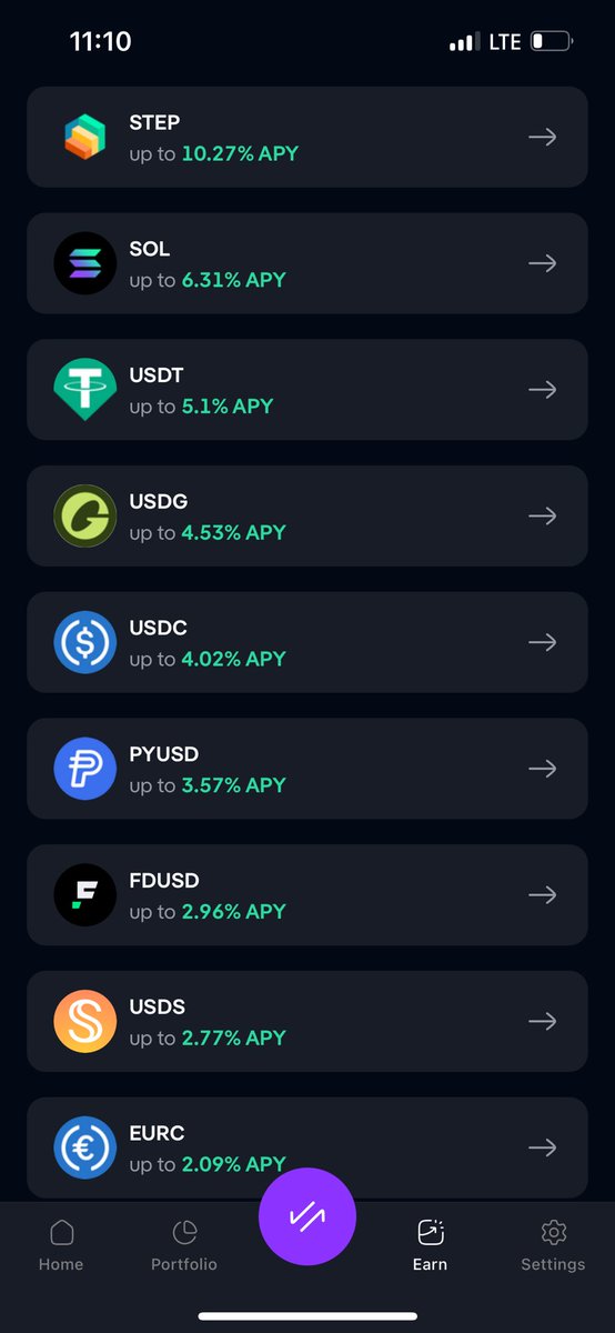 Step Wallet earn page showing APYs for various tokens