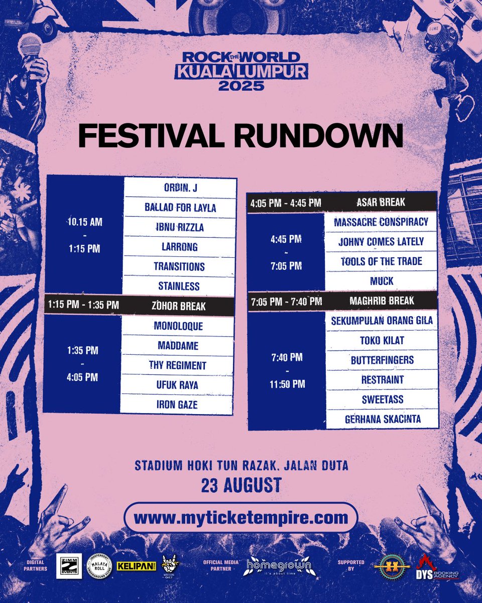 🔥 Rundown untuk Rock The World KL 2025 dah mendarat!
Jom check jadual &amp; let’s rock your journey!

Countdown to the epic day begins now! 🌟🎶🎸

⚡️ 23 Ogos 2025
📍 Stadium Hoki Tun Razak, KL

🛒 Phase 3 tickets now available at RM120 – grab yours via link in bio.

#RTWKL2025