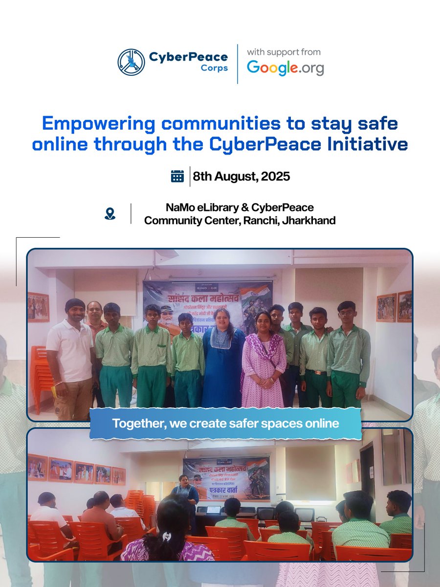 cyberpeacecorps's tweet image. A #CyberAwarenessSession was conducted at 📌 NaMo eLibrary and #CyberPeace☮ Community Center, Ranchi on 8th August 2025.
Participants learned about data safety, cyber crimes, online scams, #misinformation, and reporting mechanisms, along with hands-on experience through our…