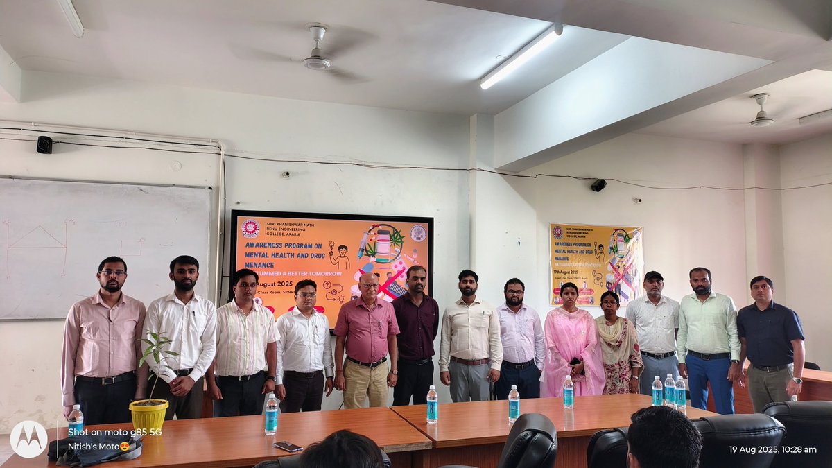 SpnrecA's tweet photo. Awareness Program on Mental Health &amp; Drug De-addiction held at SPNREC Araria on 19 Aug 2025.
Chief Guest Dr. Shravan Kumar urged students to stay away from addiction &amp; embrace a healthy lifestyle. 
#MentalHealth #SayNoToDrugs #SPNREC https://t.co/7lsa9mkjmO