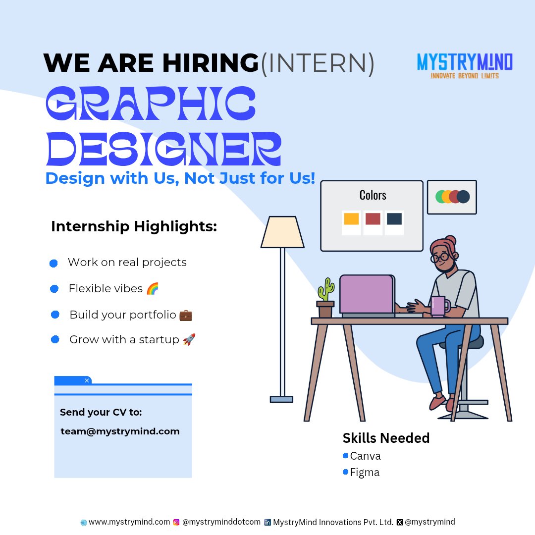 mystrymind's tweet photo. 📢 Internship Alert 🚀
MystryMind is offering Graphic Design Internships 🎨

✅ Live startup projects
✅ Mentorship + Portfolio boost
✅ Certificate + LOR
✅ Stipend (after 2 months)

🌍 Remote | Flexible timing
👉 Apply: https://t.co/XxhwFTIiIb

#InternshipOffer #GraphicDesign https://t.co/1WtUXLW8k7