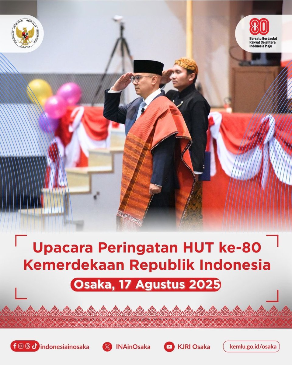 INAinOsaka's tweet image. Minasan, Upacara Peringatan HUT ke-80 Kemerdekaan Republik Indonesia berjalan khidmat di Osaka (17/8) 🇮🇩

Dirgahayu ke-80 Republik Indonesia
Bersatu, Berdaulat, Rakyat Sejahtera, Indonesia Maju 🇮🇩 

#IniDiplomasi #HUTRI80 #HUTKemerdekaanRI #hutri80osaka