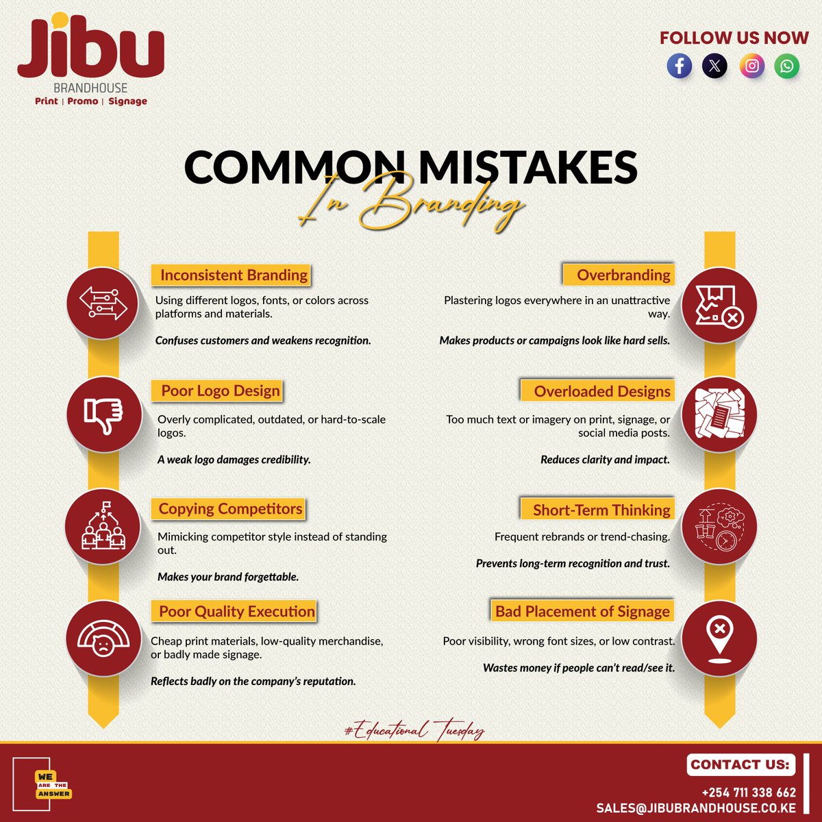 JibuLimited's tweet photo. “Your brand is your first impression -don’t let these common mistakes ruin it. Build consistency, quality, and clarity for lasting impact.” ✨💯

@jibu_brandhouse 
#WeAreTheAnswer #printessentials #promo #Signage #brandingexperts #kenyanbusiness #nairobibrands #branding254 https://t.co/hflP2WFJnJ