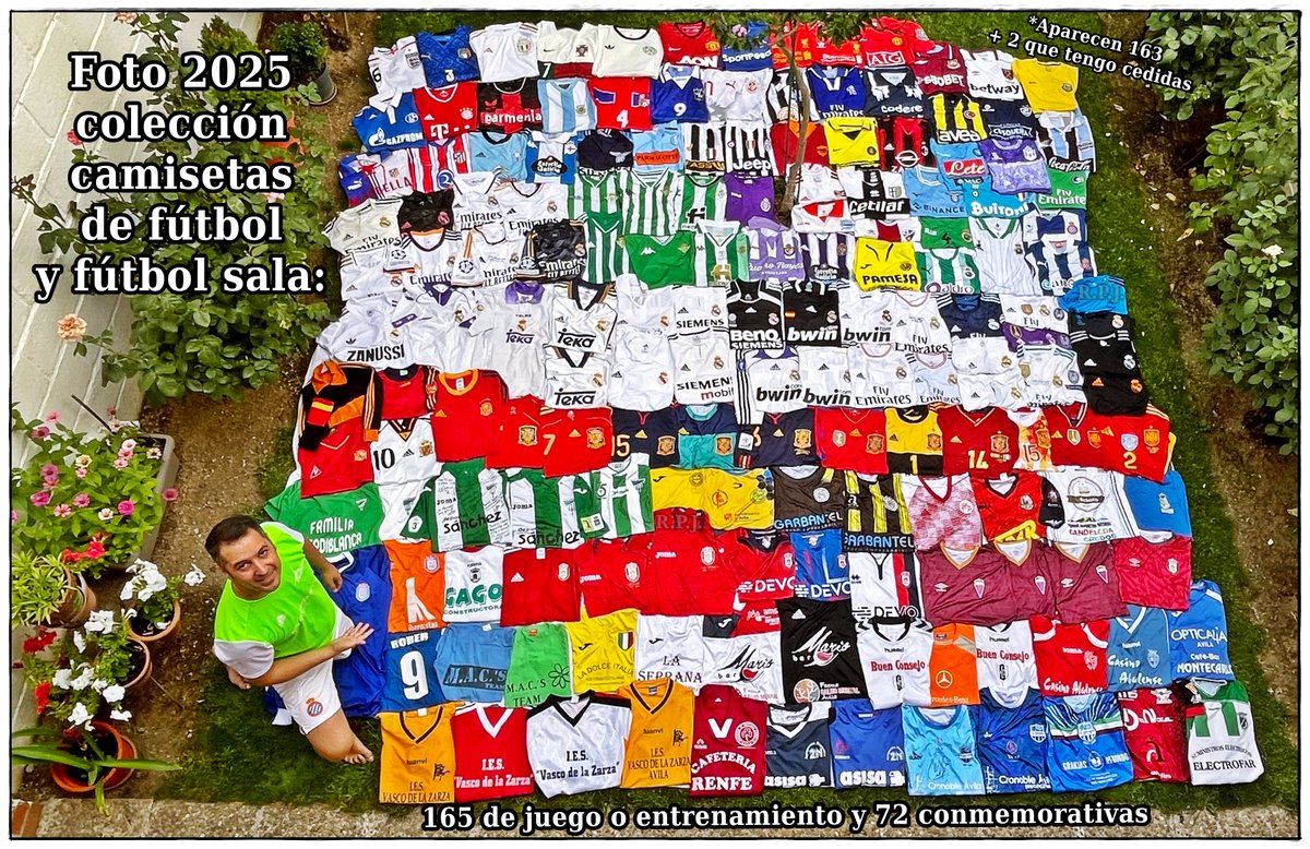 Foto colección de camisetas de fútbol y fútbol sala.

Verano 2025: 165 de juego o entrenamiento + 72 conmemorativas. 

Total 237 camisetas (+19).

#Fútbol