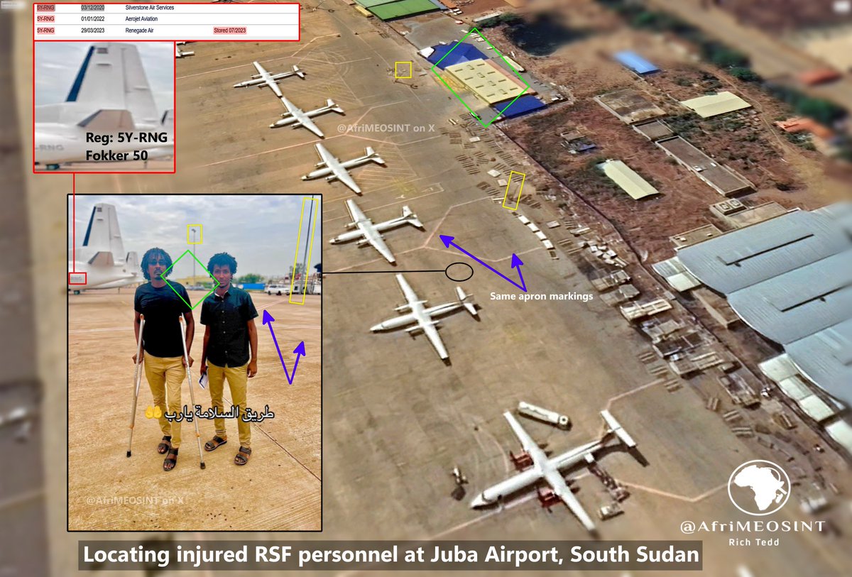 AfriMEOSINT's tweet image. ⚠️ Confirmation that RSF 🇸🇩 personnel are receiving medical treatment in South Sudan 🇸🇸, as in Ethiopia 🇪🇹.

Geolocation shows two RSF fighters at Juba Airport days ago, prior to departing after treatment.

In the background: Renegade Air Fokker 50, with the registration 5Y-RNG.