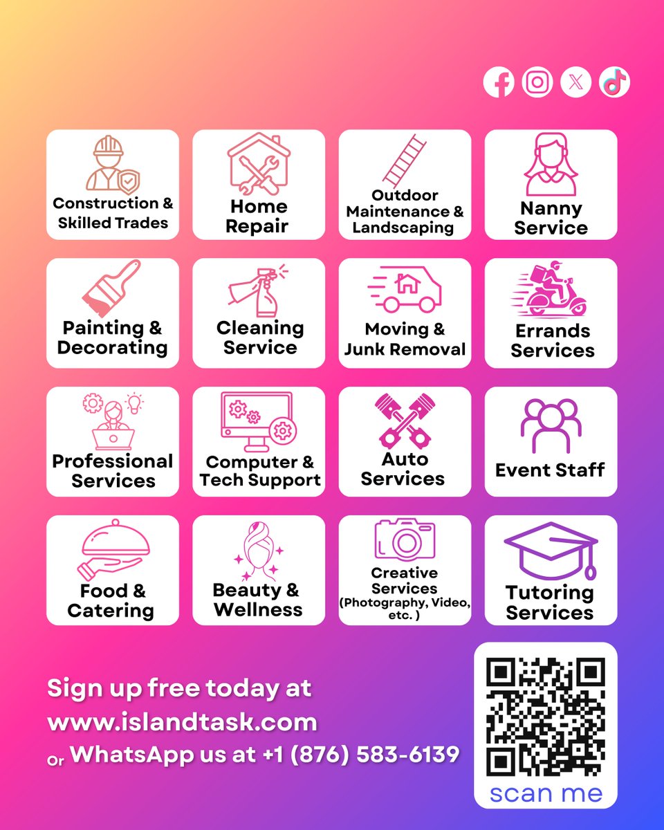 IslandTask's tweet photo. 📍 Turn your skills into income 💲
IslandTask is hiring Taskers for cleaning, deliveries, repairs, errands &amp; more 🚀

📲 Apply today 👉 https://t.co/rLBwFaCvDB

#IslandTask #NowHiring #JamaicaJobs https://t.co/UTS9mEtThK