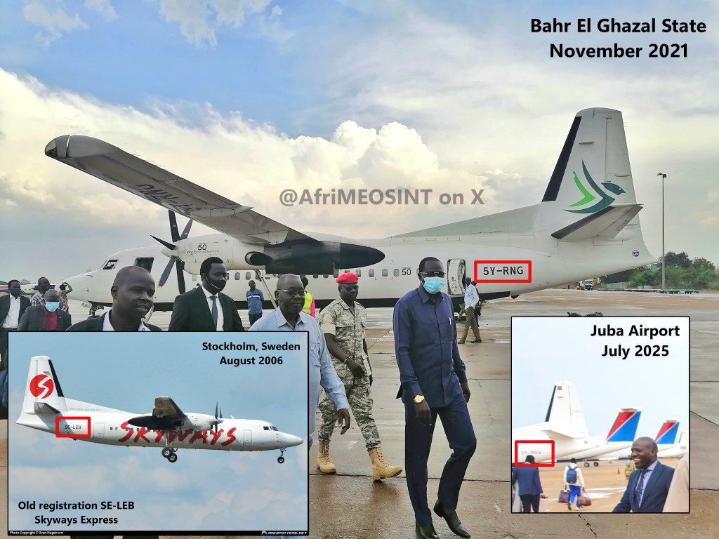 AfriMEOSINT's tweet image. ⚠️ Confirmation that RSF 🇸🇩 personnel are receiving medical treatment in South Sudan 🇸🇸, as in Ethiopia 🇪🇹.

Geolocation shows two RSF fighters at Juba Airport days ago, prior to departing after treatment.

In the background: Renegade Air Fokker 50, with the registration 5Y-RNG.
