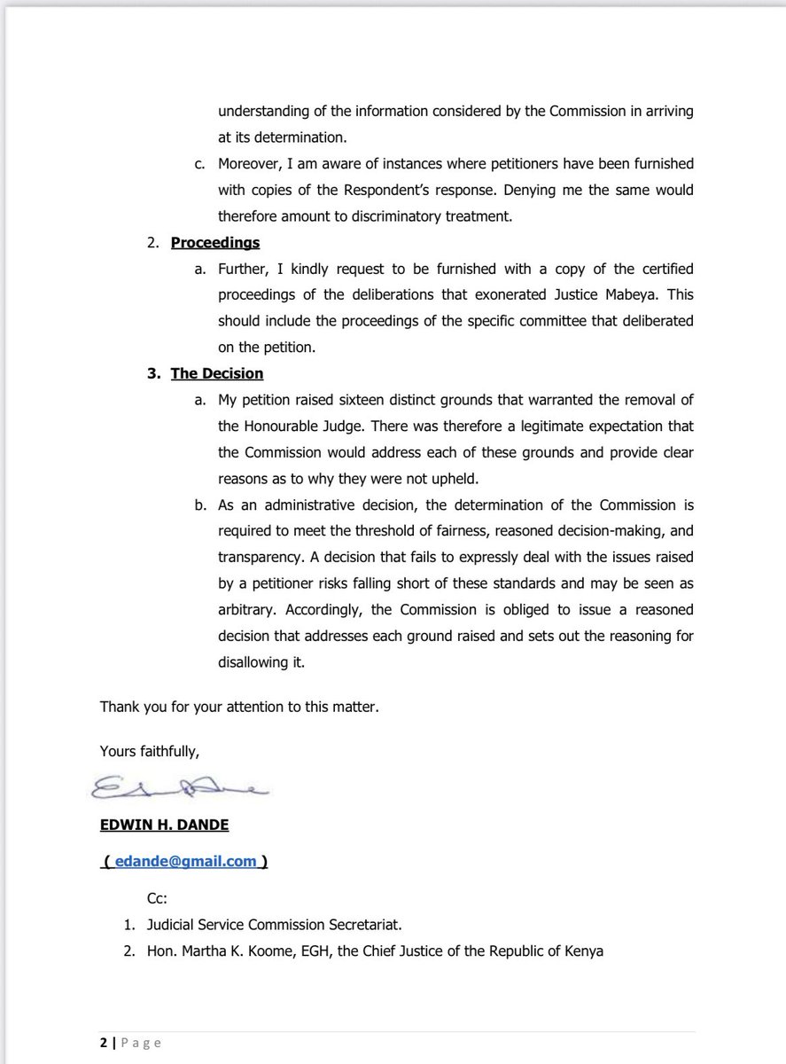 Edwin H. Dande (@ehdande) on Twitter photo I have today written to <a href="/jsckenya/">Judicial Service Commission Kenya (JSC)</a> seeking information that would help an unbiased right thinking member of society to assess whether handling of the disallowed Petition seeking the Removal of The Hon. Justice Mabeya was fairly handled.
Specifically, I seek:
1. A copy of the I have today written to <a href="/jsckenya/">Judicial Service Commission Kenya (JSC)</a> seeking information that would help an unbiased right thinking member of society to assess whether handling of the disallowed Petition seeking the Removal of The Hon. Justice Mabeya was fairly handled.
Specifically, I seek:
1. A copy of the