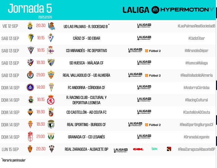 HORARIOS | Conoce cuándo se disputarán los partidos de la jornada 5⃣ en #LALIGAHYPERMOTION.

👉 laliga.sh/dg6Z3A