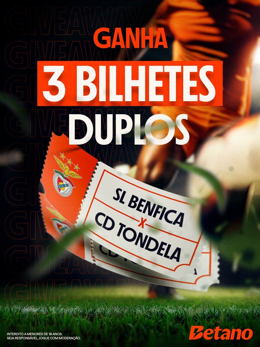 Temos 3️⃣ bilhetes duplos para o @slbenfica 🆚 Tondela! Para ganhares, só tens de:

👉 Seguir a <a href="/Betano_PT/">Betano Portugal 🔞</a>
👉 Like, RT e marcar 3 amigos

📌 Termina dia 21/08 às 16h00. Anunciamos os vencedores até às 17h00.