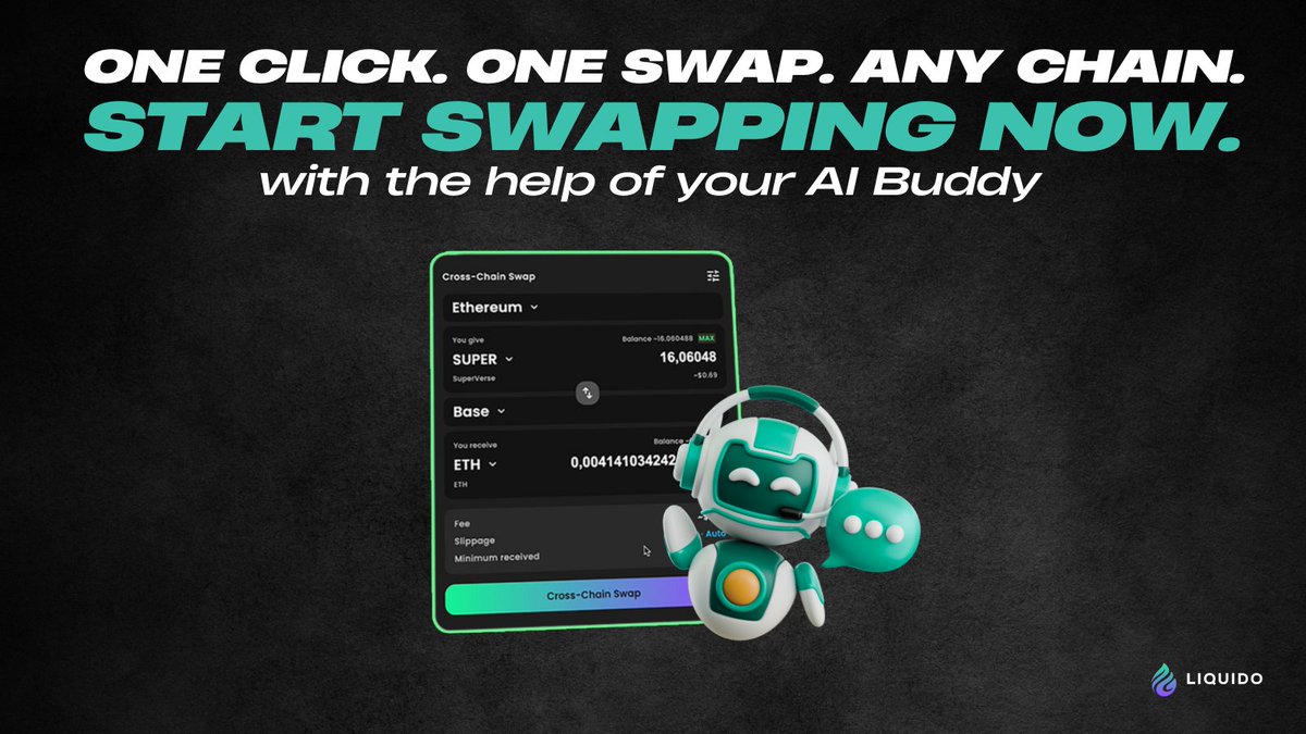 🚀 Swap any token across any chain in just one click, no bridging, no hassle. 

Let our AI Buddy guide you every step of the way.  

Try it now: app.liquido.ai/swap