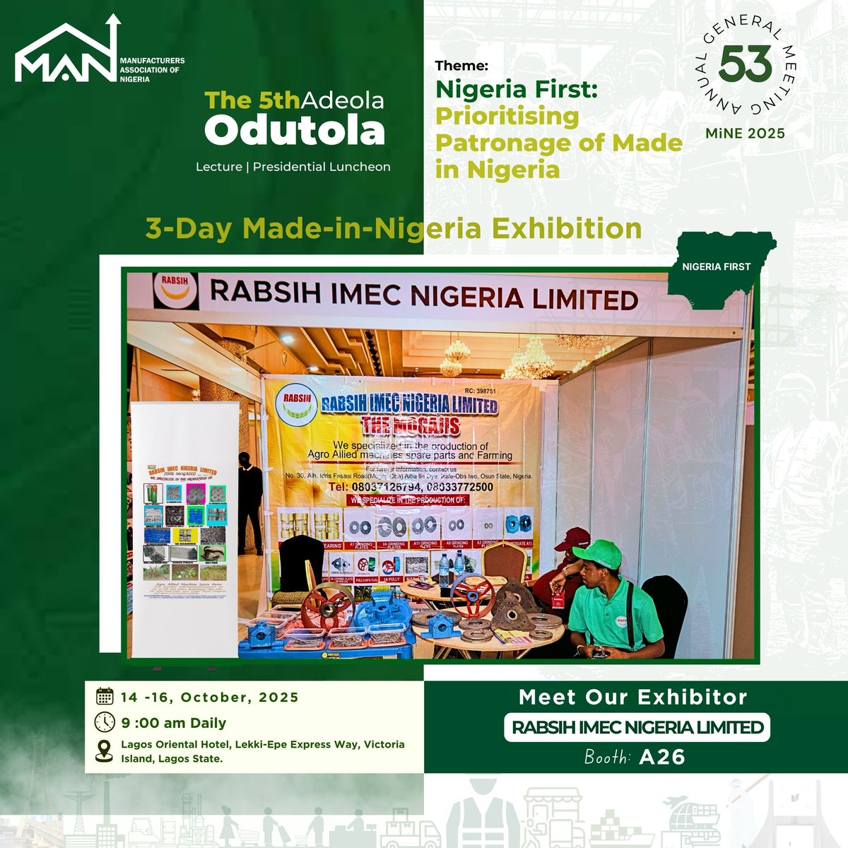 MAN Nigeria HQ (@man_ngr) on Twitter photo #MiNE2025
Meet RABSIH IMEC NIGERIA LIMITED, a top manufacturer of agricultural machinery in Nigeria
Explore their innovations on rice milling, cassava & maize processing, oil palm machines & more!
Booth A26
Oct 14-16, 2025
Lagos Oriental Hotel
9AM-6PM daily
#NigeriaFirst #MiNE2025
Meet RABSIH IMEC NIGERIA LIMITED, a top manufacturer of agricultural machinery in Nigeria
Explore their innovations on rice milling, cassava & maize processing, oil palm machines & more!
Booth A26
Oct 14-16, 2025
Lagos Oriental Hotel
9AM-6PM daily
#NigeriaFirst