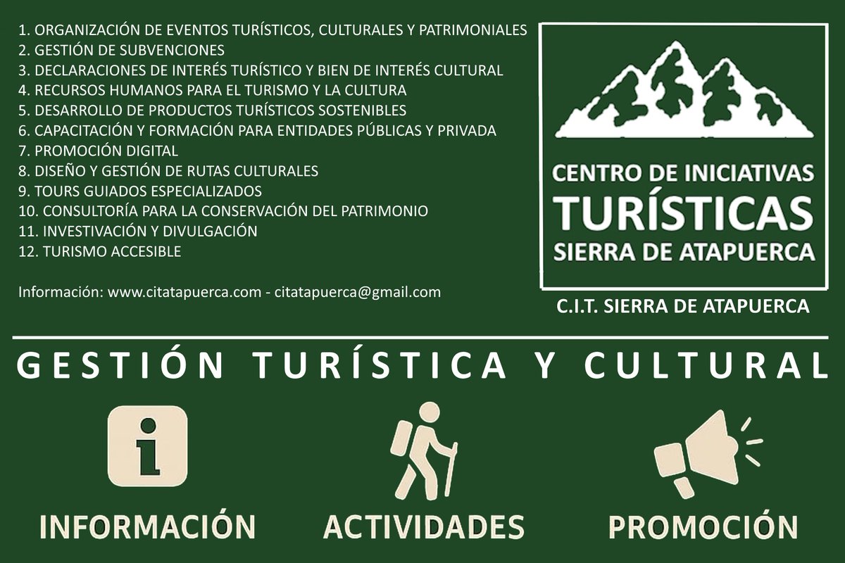C.I.T. Sierra de Atapuerca - Oficina de Turismo (@citatapuerca) on Twitter photo El <a href="/citatapuerca/">C.I.T. Sierra de Atapuerca</a> somos apasionados por el #turismo, la #cultura y el #patrimonio, ayudamos a los destinos a potenciar su identidad local con #innovación y #calidad, ofreciendo experiencias auténticas y de valor.
ℹ️ citatapuerca.com
#Desarrollo #Sostenibilidad #Burgos El <a href="/citatapuerca/">C.I.T. Sierra de Atapuerca</a> somos apasionados por el #turismo, la #cultura y el #patrimonio, ayudamos a los destinos a potenciar su identidad local con #innovación y #calidad, ofreciendo experiencias auténticas y de valor.
ℹ️ citatapuerca.com
#Desarrollo #Sostenibilidad #Burgos