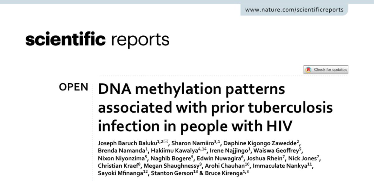 🔔Just published🔔
Our new study in <a href="/SciReports/">Scientific Reports</a> found prior #TB in  #HIV is linked to accelerated aging and distinct DNA methylation changes in pathways related to cancer, cardiovascular, and neurological diseases.
Read the full paper here: rdcu.be/eBl3J <a href="/brucekirenga/">Bruce Kirenga</a>
