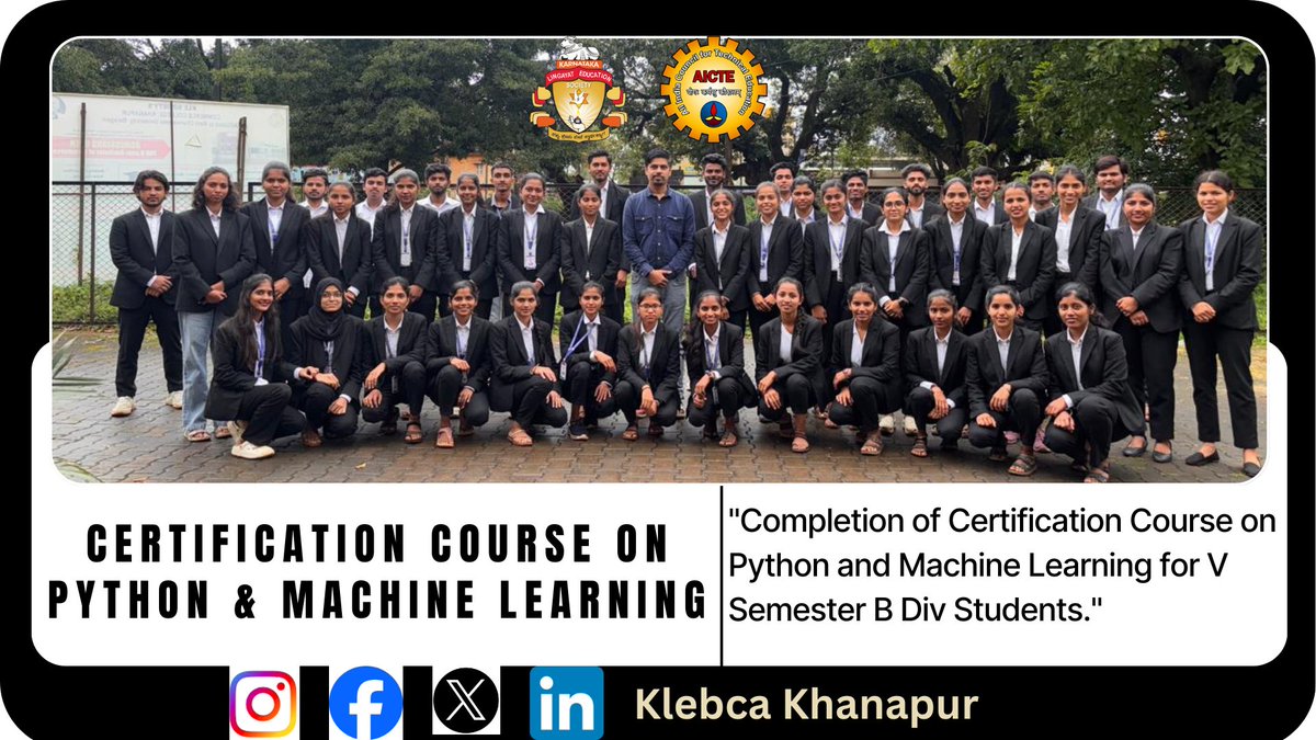 Klebcakhanapur's tweet image. Completion of Certification Course on Python and Machine Learning for V Semester B Div Students

#pythonprogramming
#MachineLearning
#certificationcourse
#studentsuccess
#techeducation
#aiandml
#datasciencebasics
#futureready
#skilldevelopment
#klebca
#klebcakhanapur