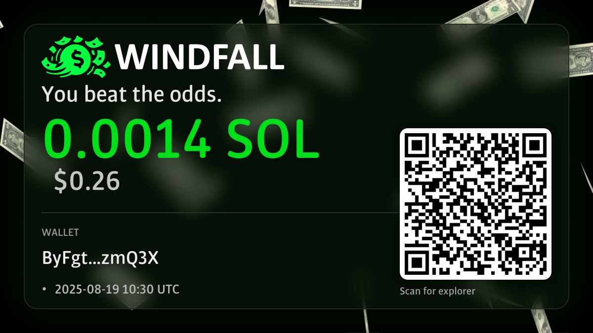 Windfall Jackpot!

0.0014 SOL to ByFg…mQ3X

TX: solscan.io/tx/3mGkD3EzEux…