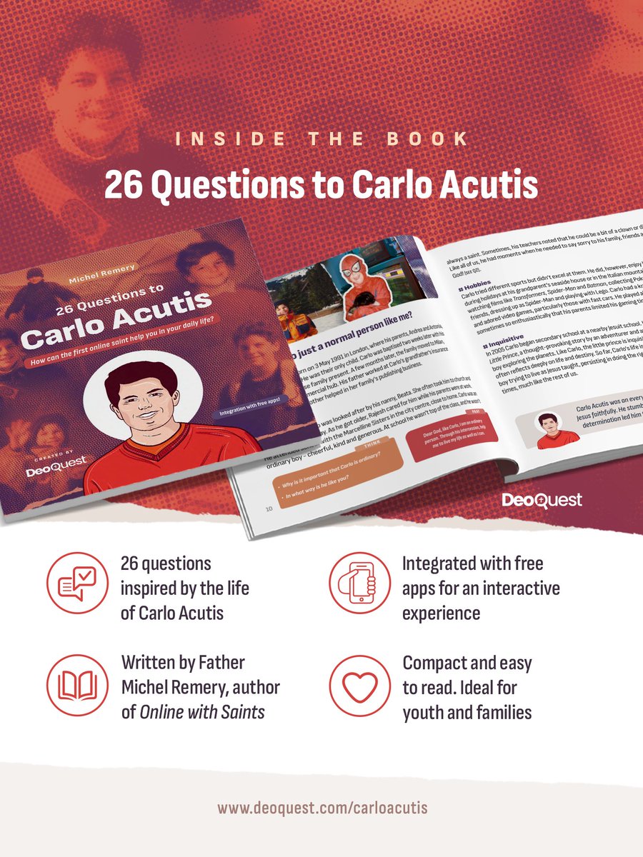 #CarloAcutis loved video games, pets, and hanging out with friends, but above all, he loved Jesus. With joy and authenticity, he faced challenges and utilised his talents to share God’s love, both in person and online. 📘 Get your copy today: deoquest.com/carloacutis
