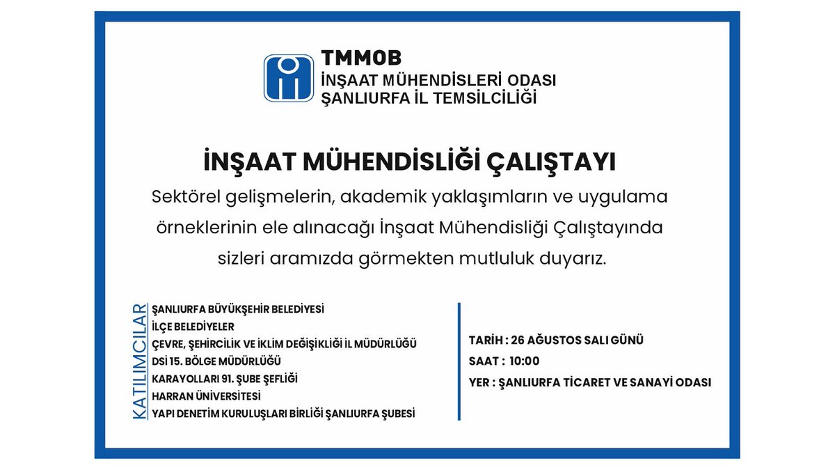Sektörel gelişmelerin, akademik yaklaşımların ve uygulama örneklerinin ele alınacağı İnşaat Mühendisliği Çalıştayında siz değerli üyelerimizi aramamızda görmekten mutluluk duyarız.
#Çalıştay